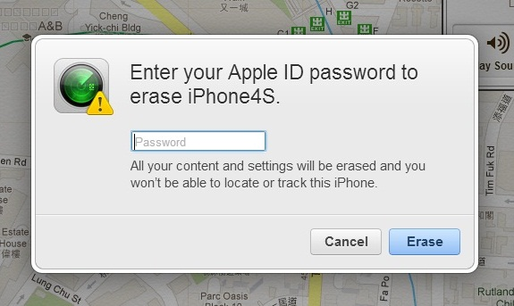 Fig 9 - Type the Apple ID password to confirm erase the phone remotely
