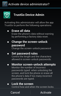 Fig 1. User is required to register the service and activate the device administrator option after installation